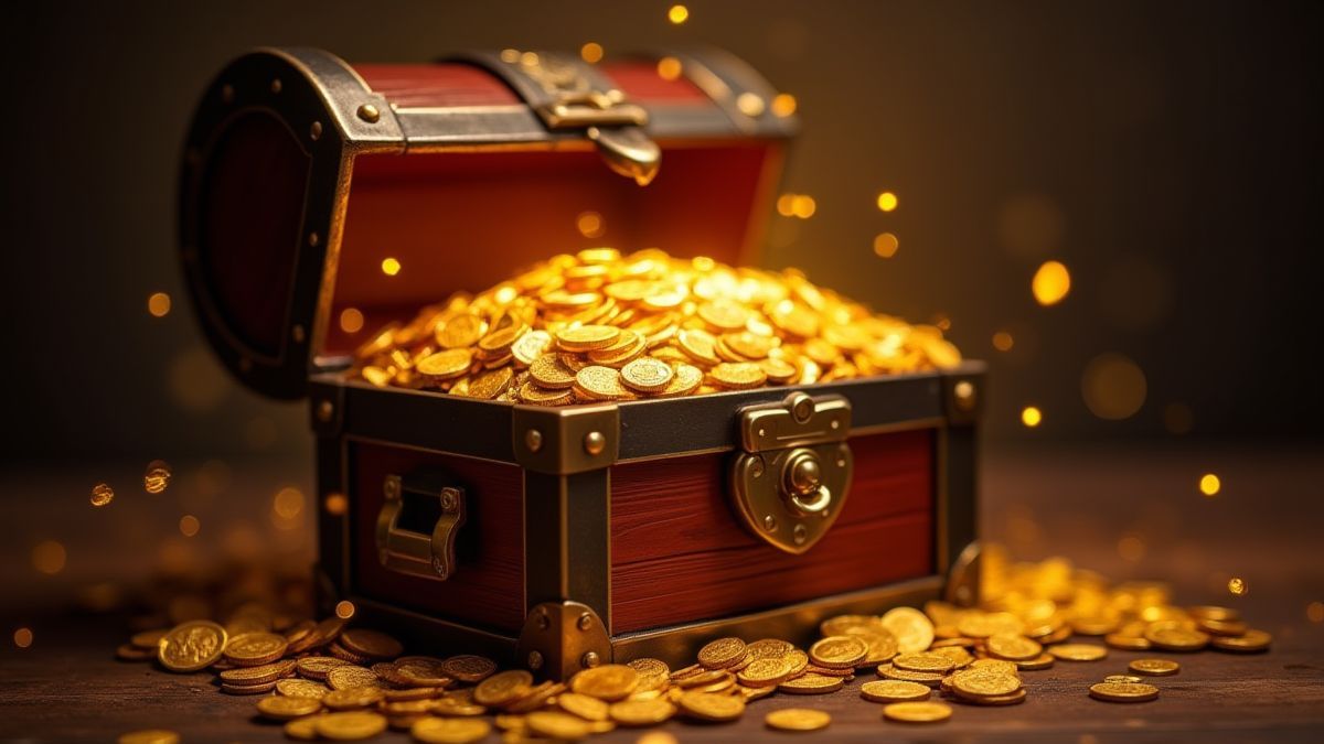 Un cofre lleno de monedas de oro y diamantes brillantes.