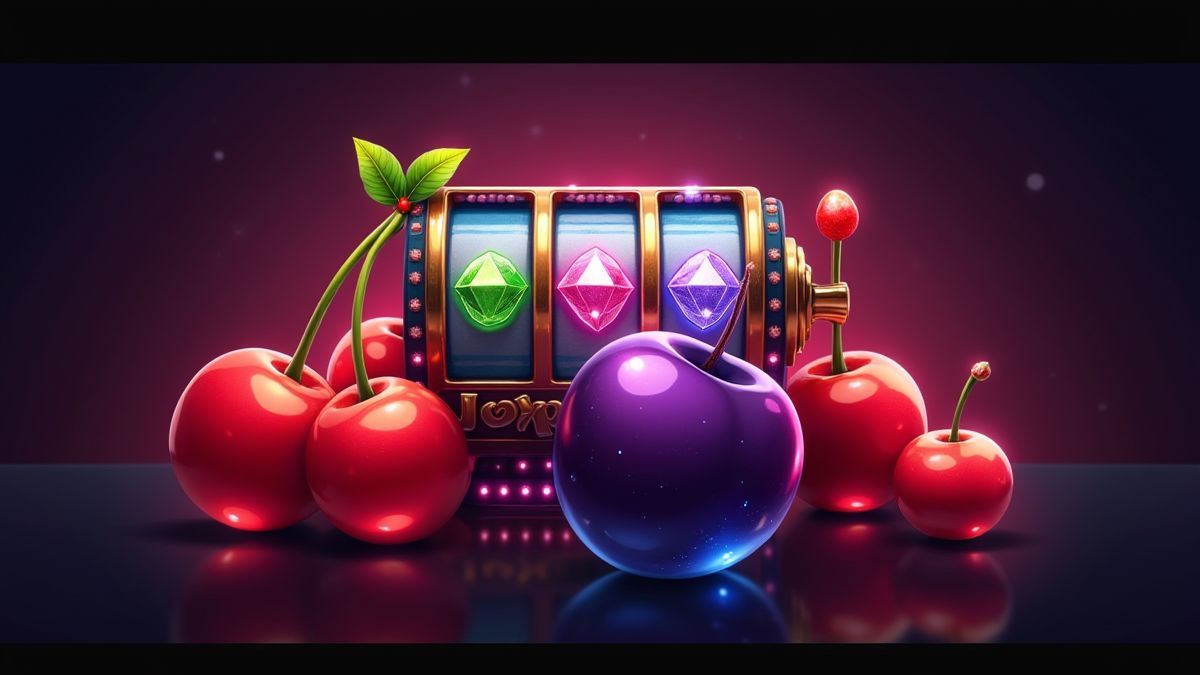 Retro-Fruchtmaschine mit leuchtenden Kirschen und einem strahlenden Diamanten.
