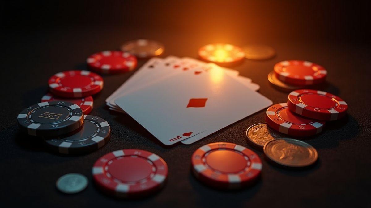 Leuchtende Spielkarten umgeben von Casino-Chips und Münzen.
