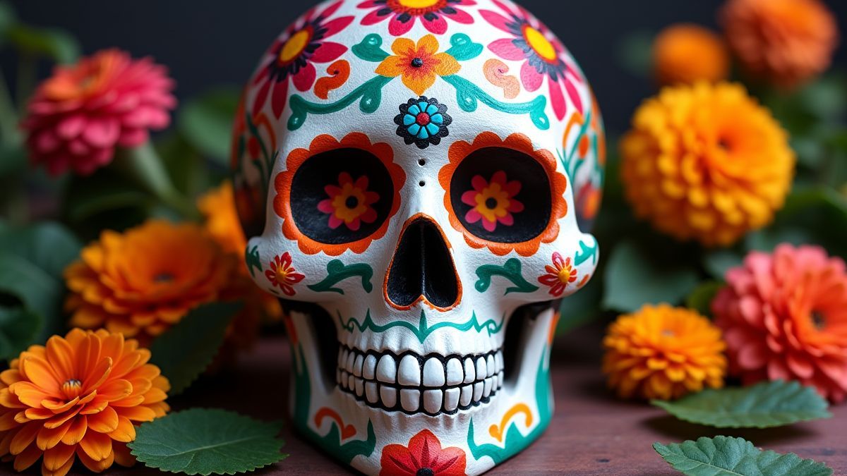 Een Mexicaanse schedel versierd met bloemen en levendige kleuren.