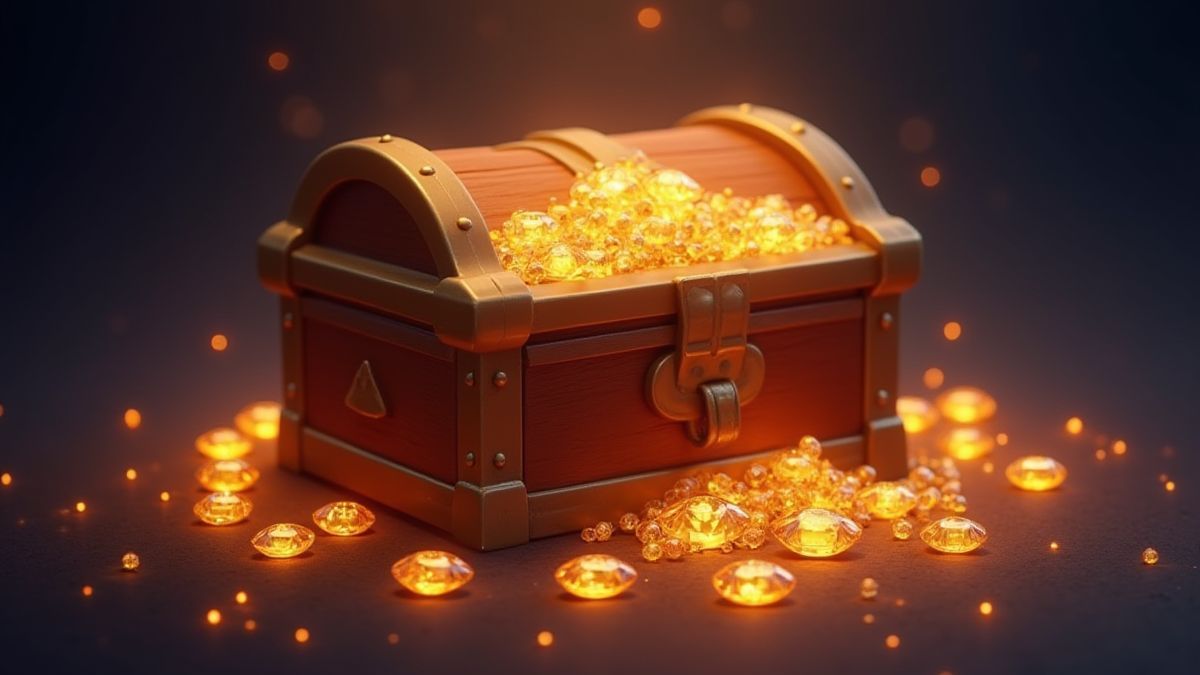 Een schatkist omringd door glinsterende diamanten.