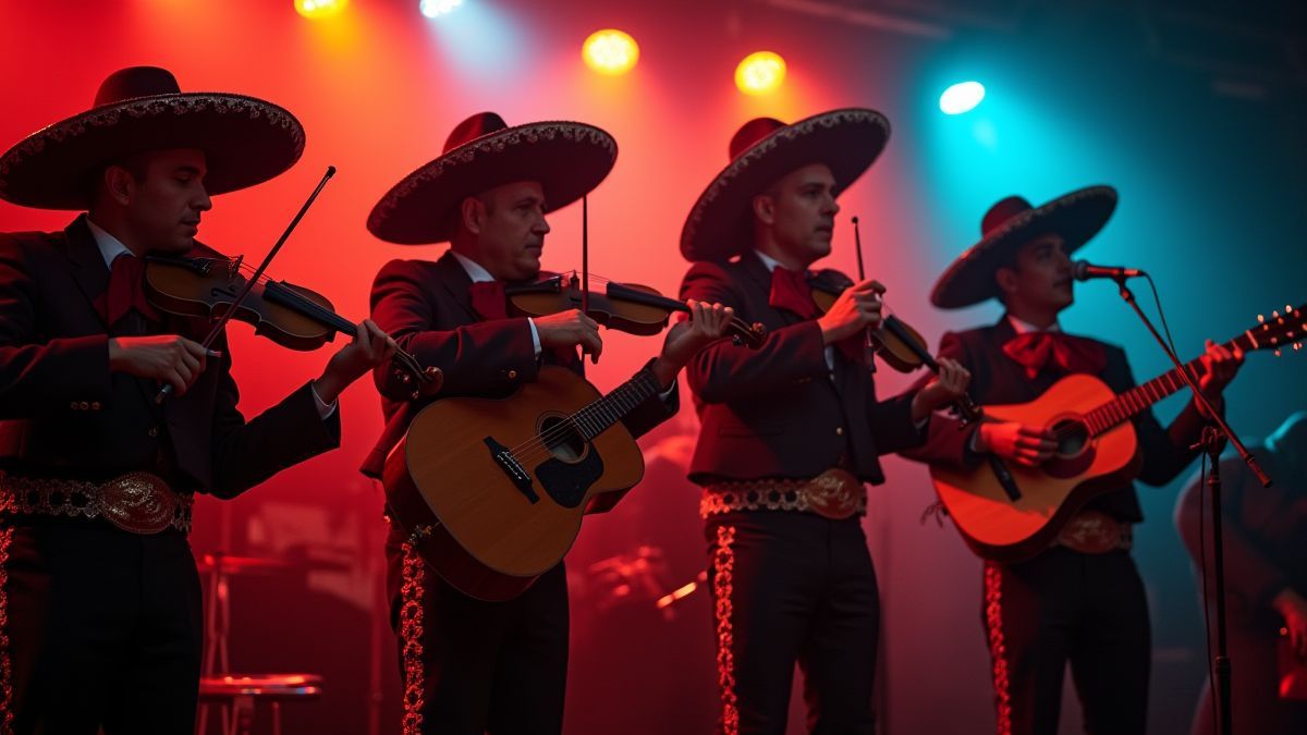 Een mariachi-band die speelt onder levendige lichten.