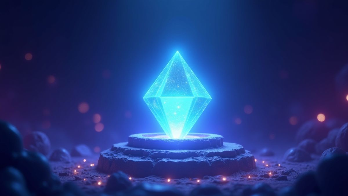 Ein strahlender Diamant in einem mystischen Altar, umgeben von blauen und lila Lichtern.