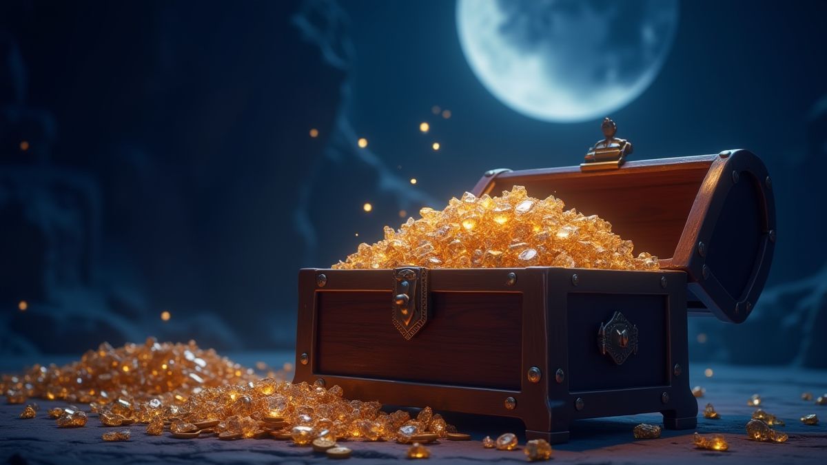 Eine Schatztruhe, die mit Diamanten und Goldmünzen unter dem glänzenden Mondlicht überquillt.