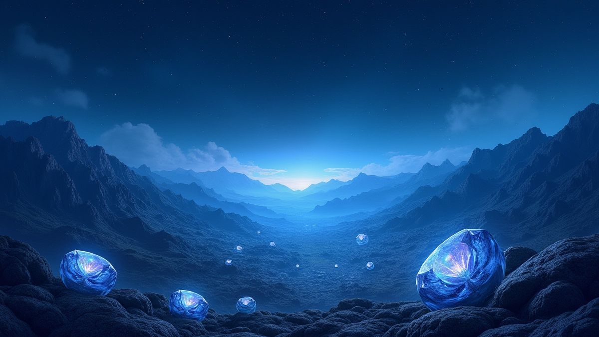 Valle mágico lleno de diamantes bajo un cielo estrellado.