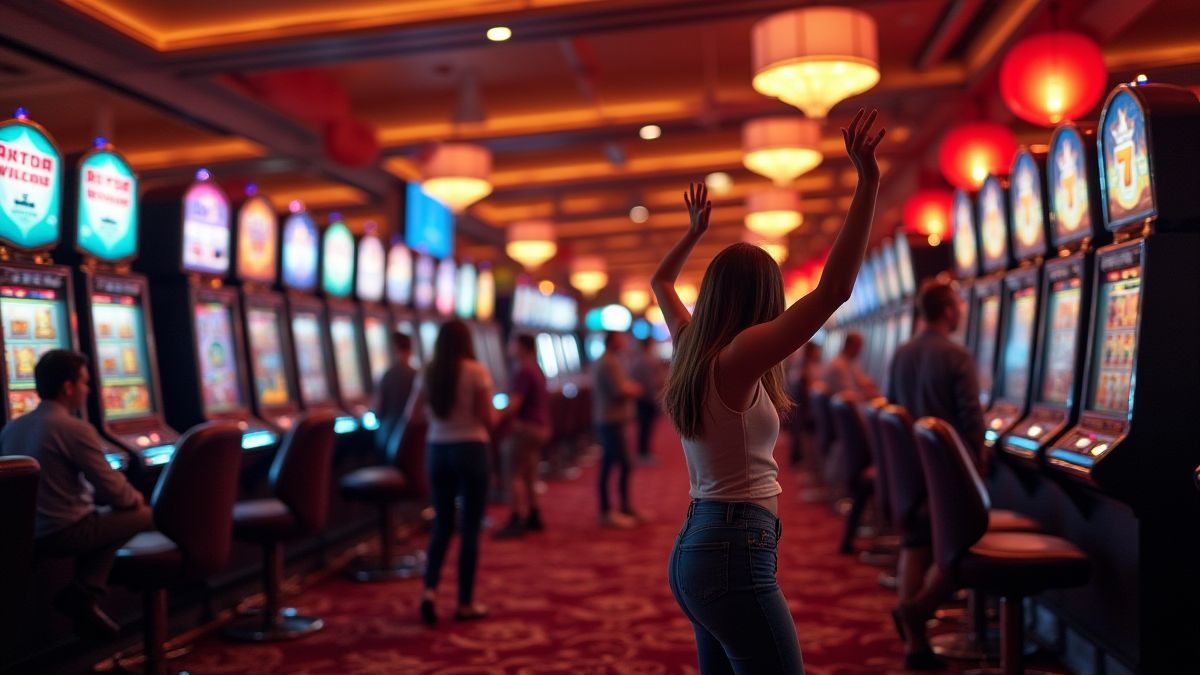 Un casino retro con máquinas tragamonedas y jugadores celebrando un gran jackpot.