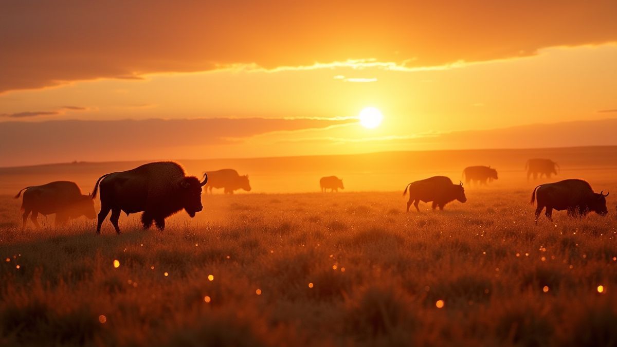 Prairie landscape at sunset with buffalo and diamonds shining on the grass.