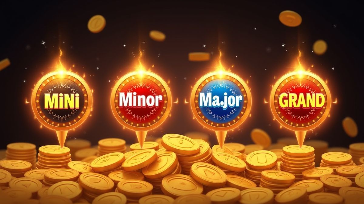 Four sparkling jackpots labeled Mini, Minor, Major, and Grand surrounded by golden coins.
