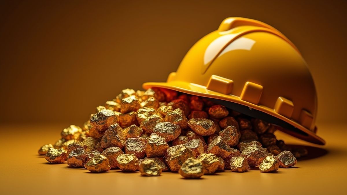 Miner's helmet on a pile of gold nuggets.