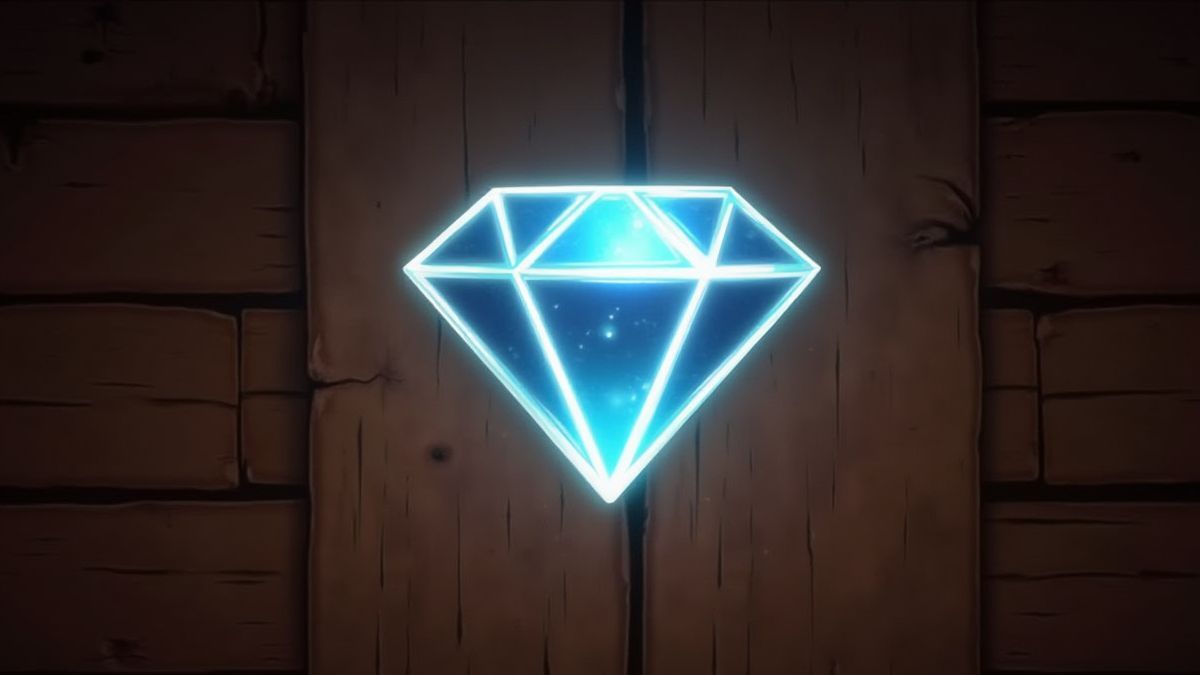 Leuchtendes Diamantsymbol auf einem rustikalen Holzhintergrund.