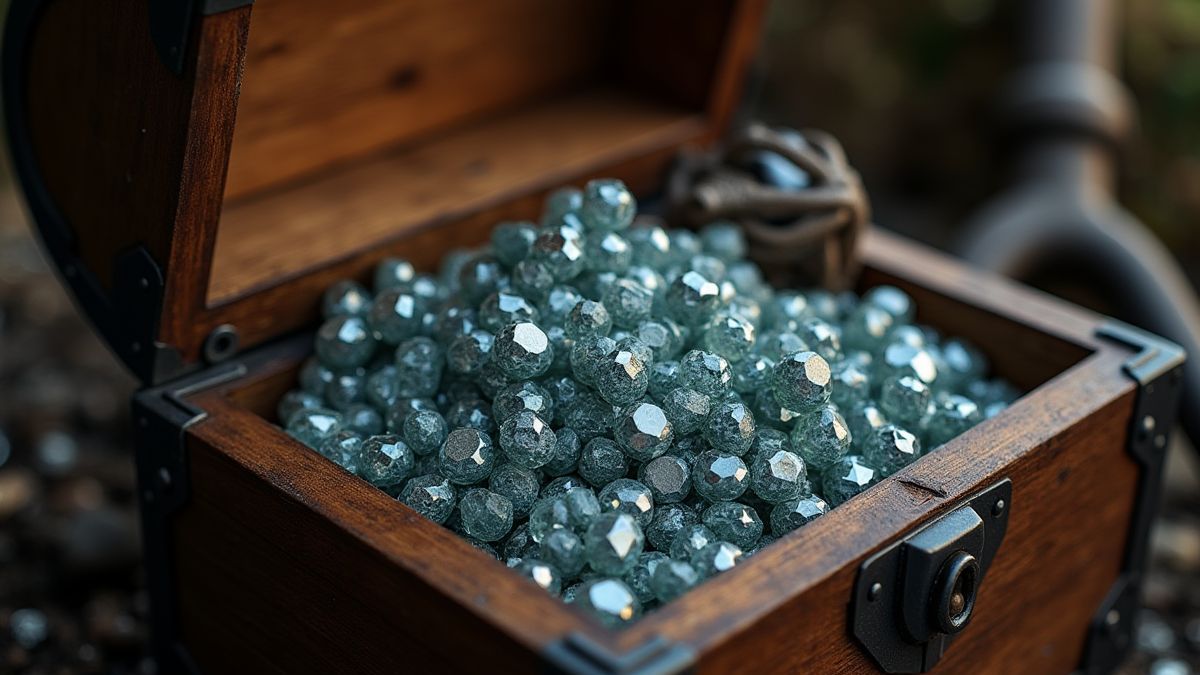 Cofre de madera lleno de diamantes brillantes.