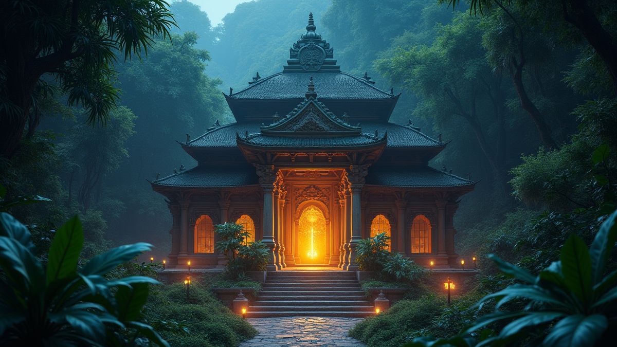 Tempel voller Diamanten umgeben von Vegetation.