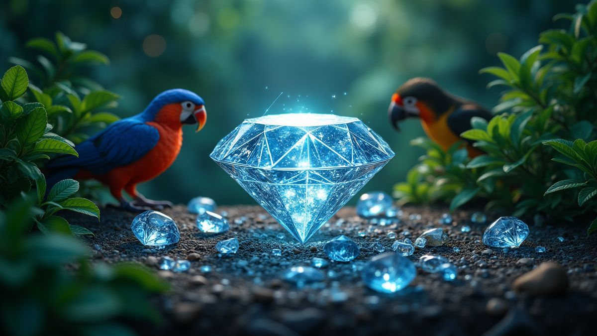 Diamantes brillantes en medio de plantas de jungla y aves exóticas coloridas.