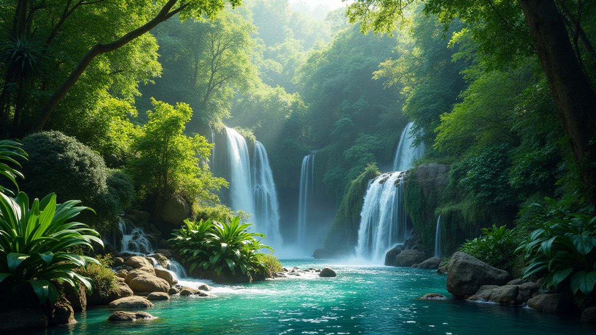Una selva vibrante con cascadas brillantes y plantas tropicales.