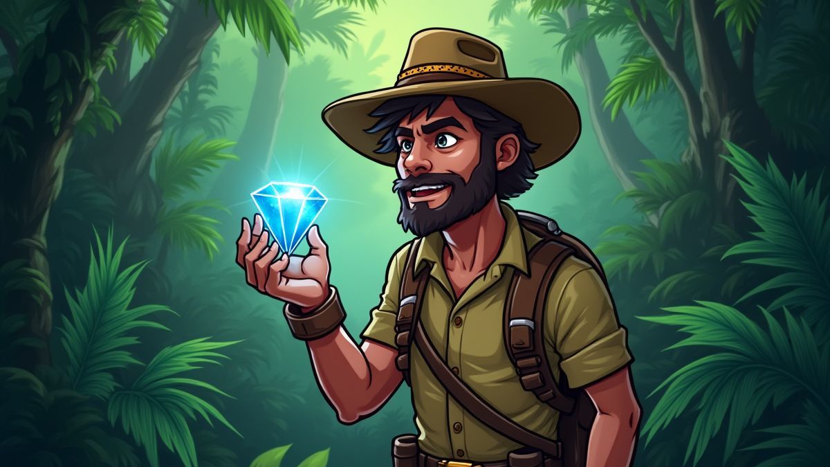Un explorador de la jungla sosteniendo un diamante brillante con flora tropical de fondo.