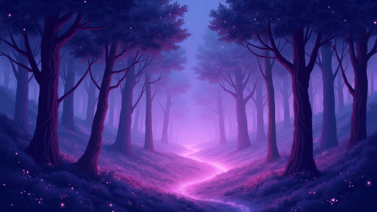 Enchanted forest with glowing trees in purple tones.
