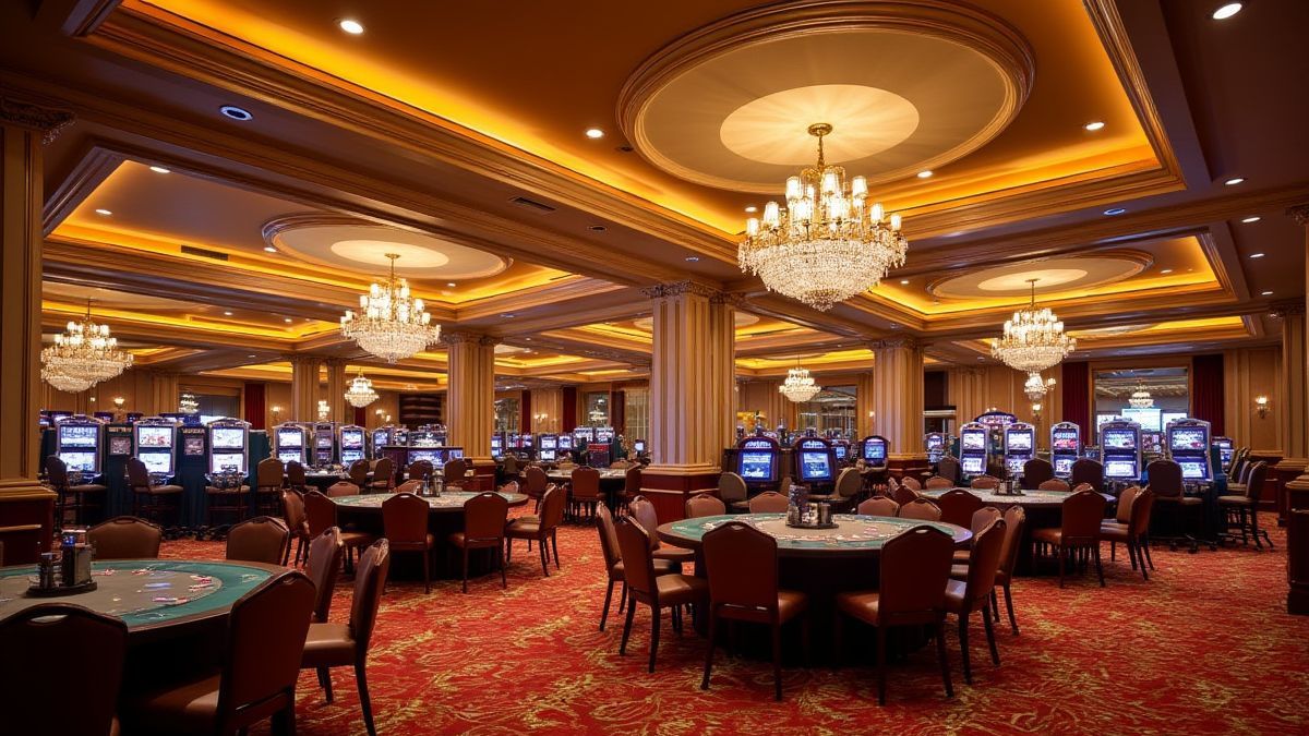 Elegantes Casino-Interieur mit Kronleuchtern und goldenen Akzenten.
