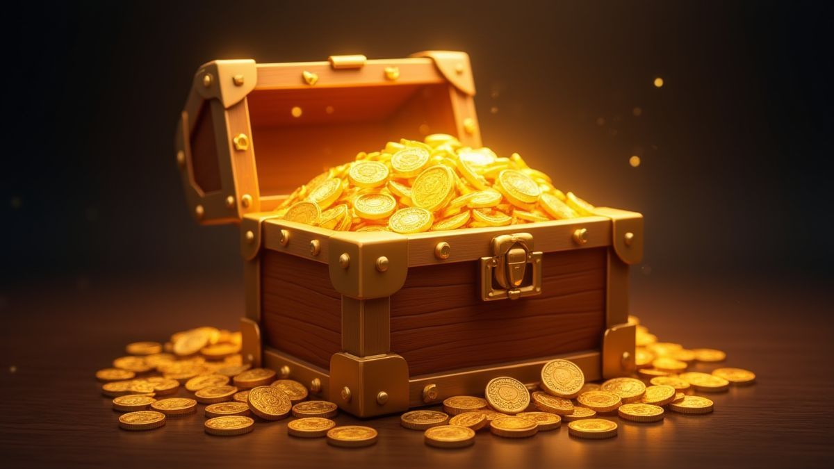 Cofre del tesoro lleno de monedas de oro y diamantes brillando.