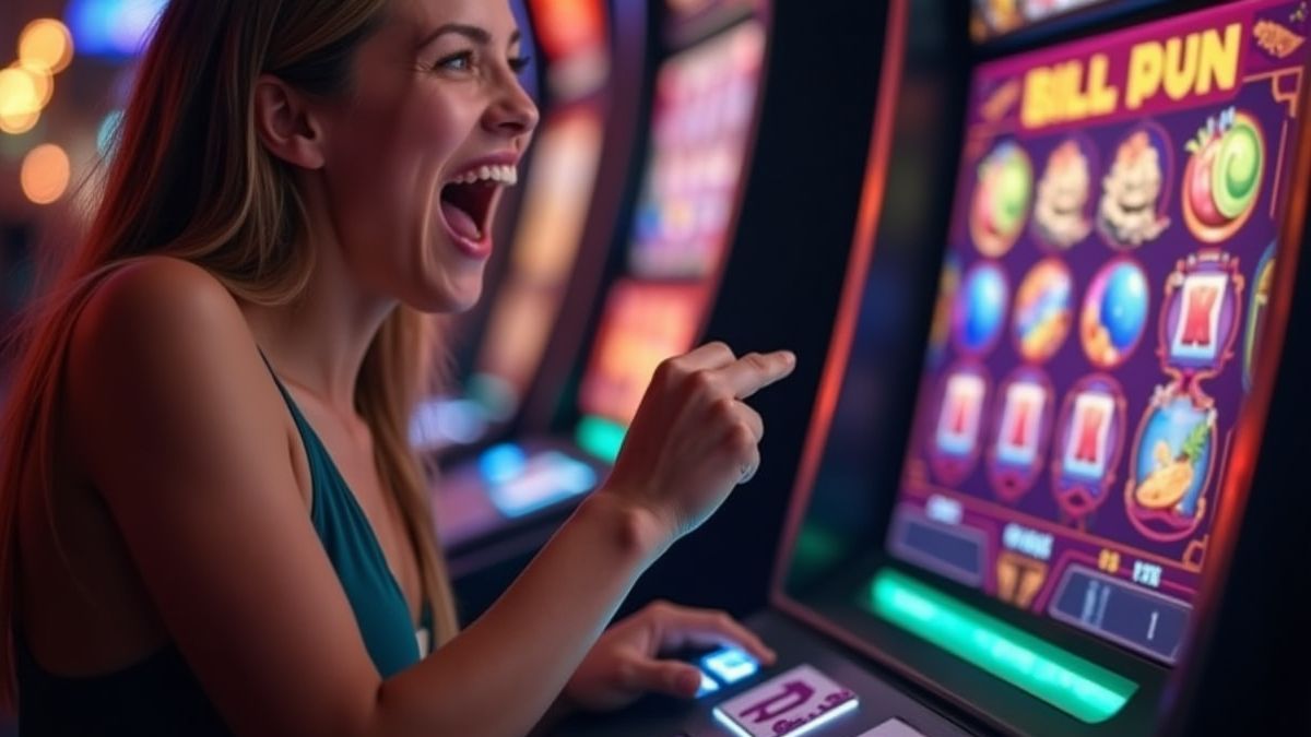 Jugador emocionado presionando el botó de una máquina tragaperras.