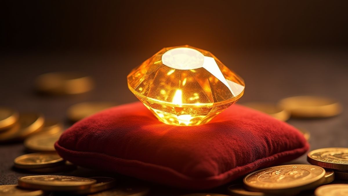 Un diamante resplandeciente sobre un cojín de terciopelo, rodeado de monedas de oro.