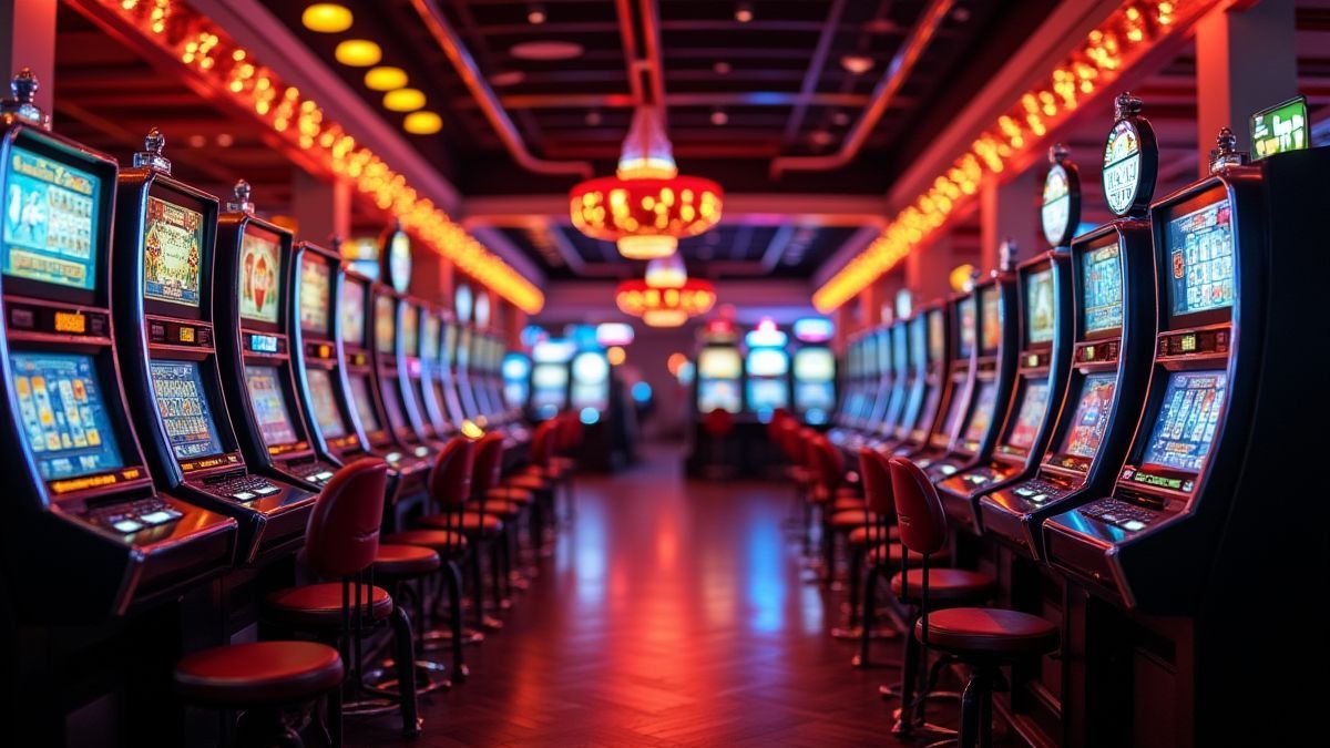 A retro casino filled with slot machines and bright lights.