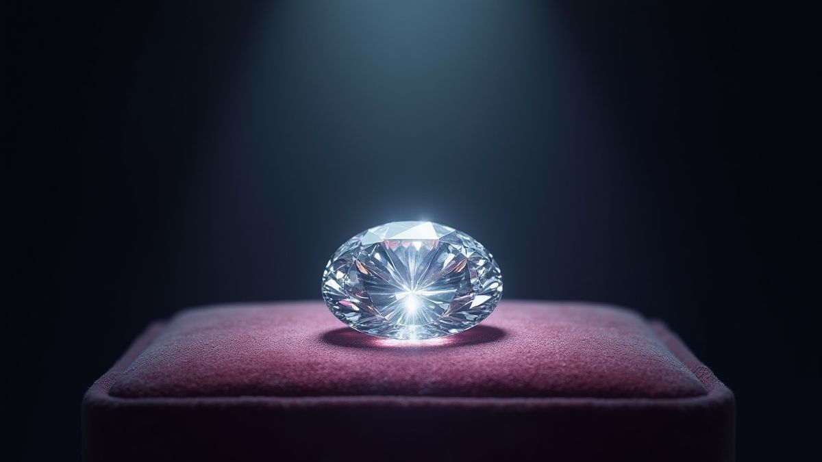 A shiny diamond on velvet illuminated by spotlights.