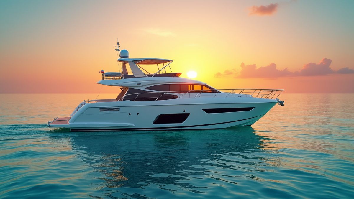Iate de luxo navegando em águas cristalinas ao pôr do sol.