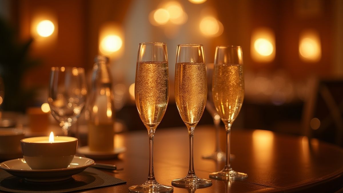Copas de champanhe brindando em um ambiente luxuoso.
