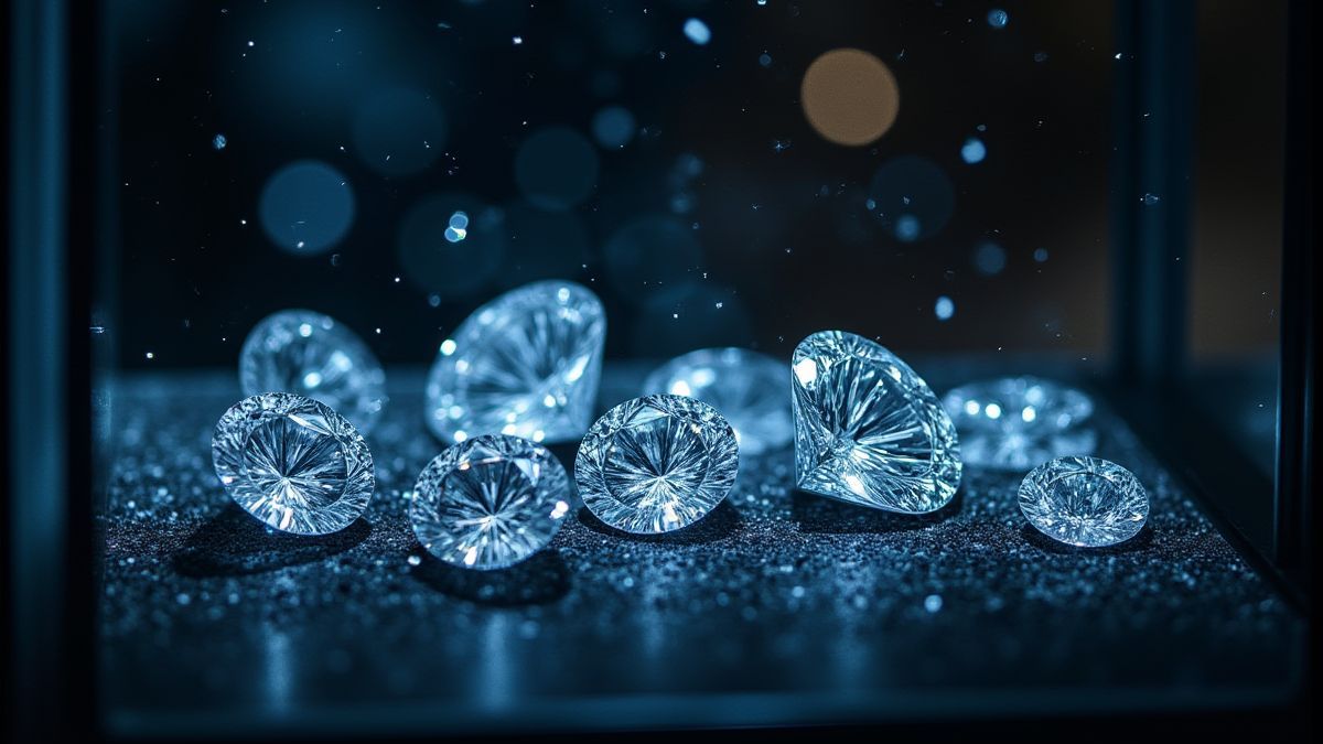 Nighttime jewelry store with bright diamonds in the window.