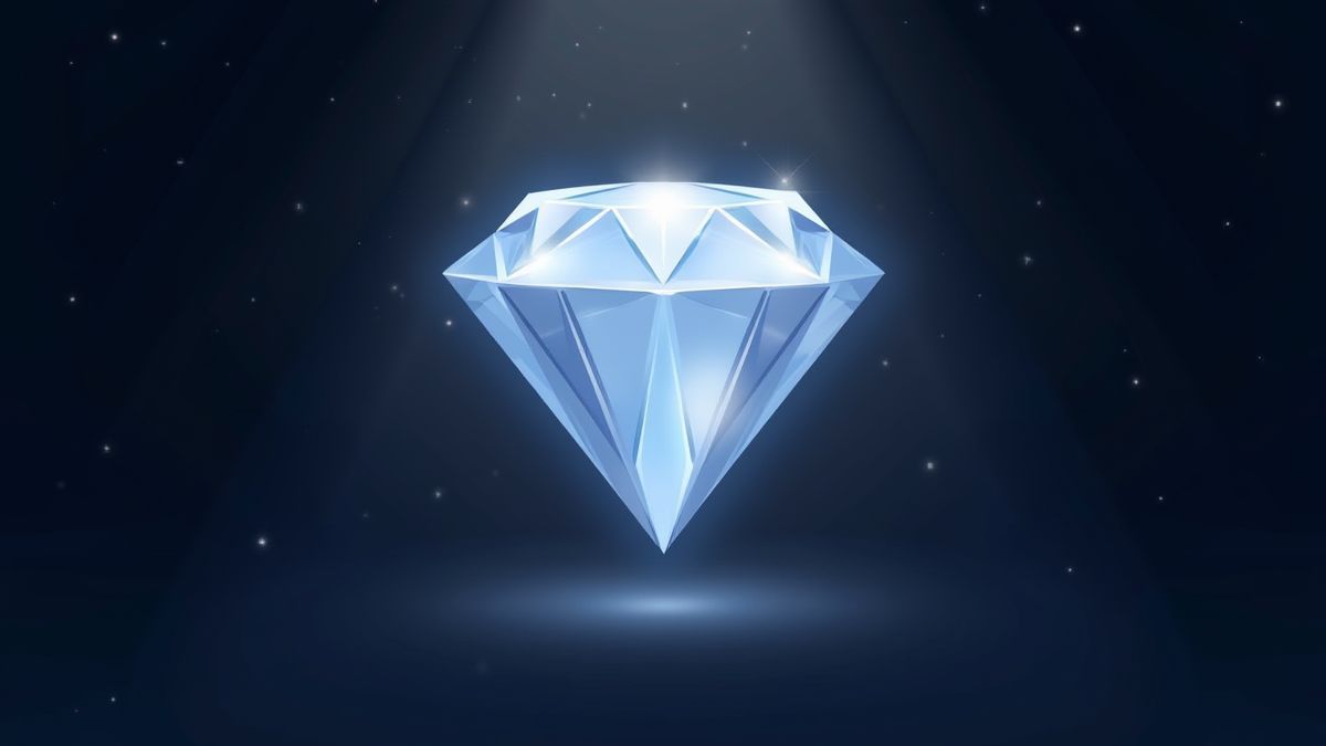 Ein funkelnder Diamant umgeben von Lichtstrahlen vor einem dunklen Hintergrund.