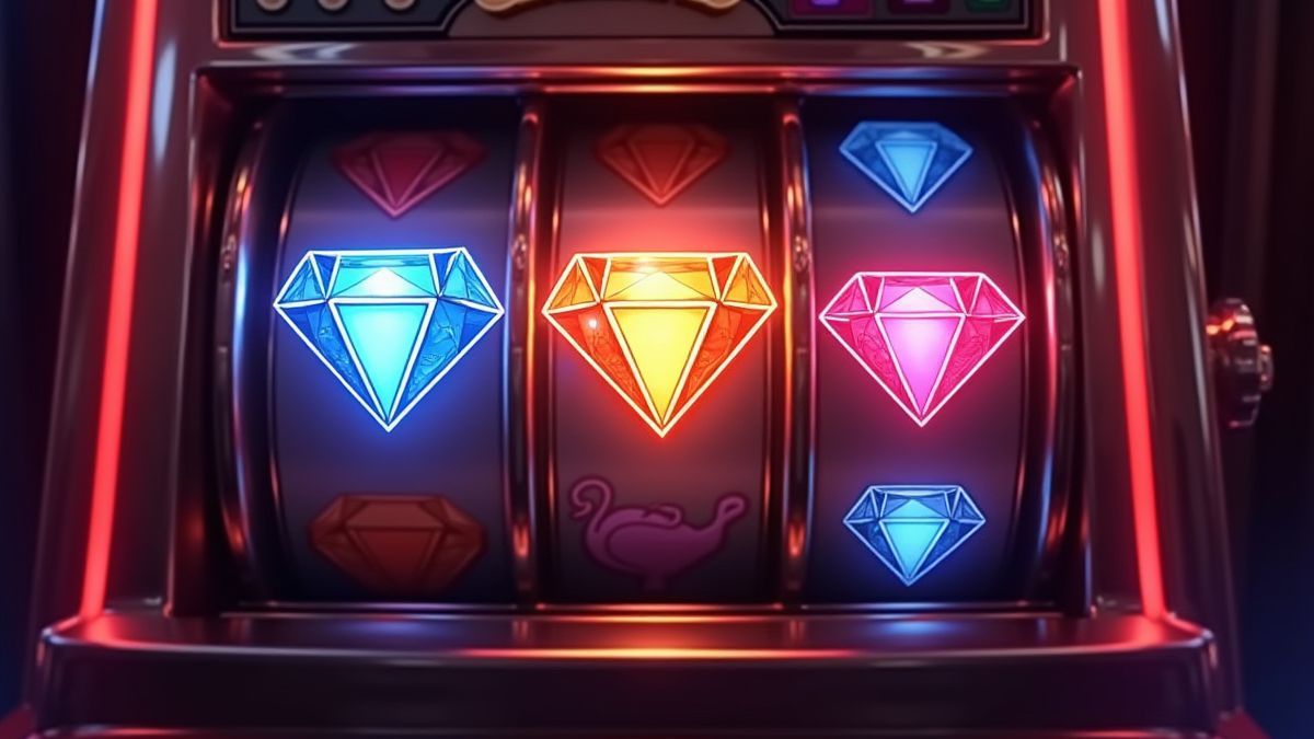 Erweiterte Diamantsymbole, die hell in einer Slot-Maschine leuchten.