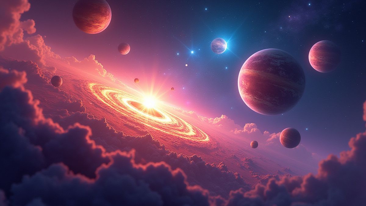 Planetas y vórtices brillantes que representan giros gratis.