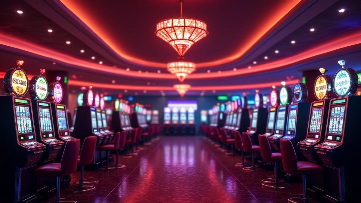 Sala de casino con máquinas tragamonedas brillantes y decoración temática de diamantes.