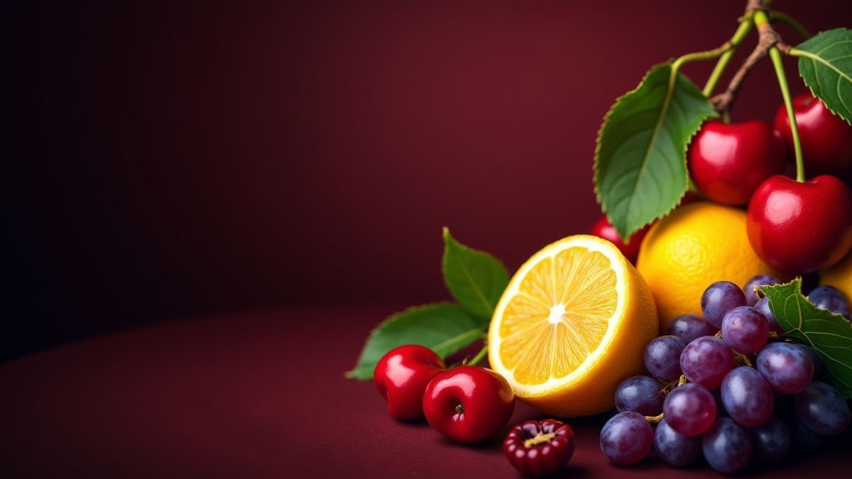 Frutas vibrantes como cerezas, limones y uvas en un fondo oscuro de casino.