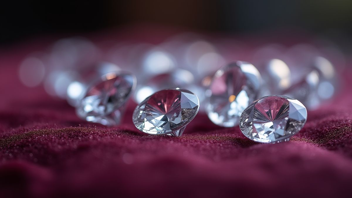 A close-up of diamonds shining on a velvet cloth.