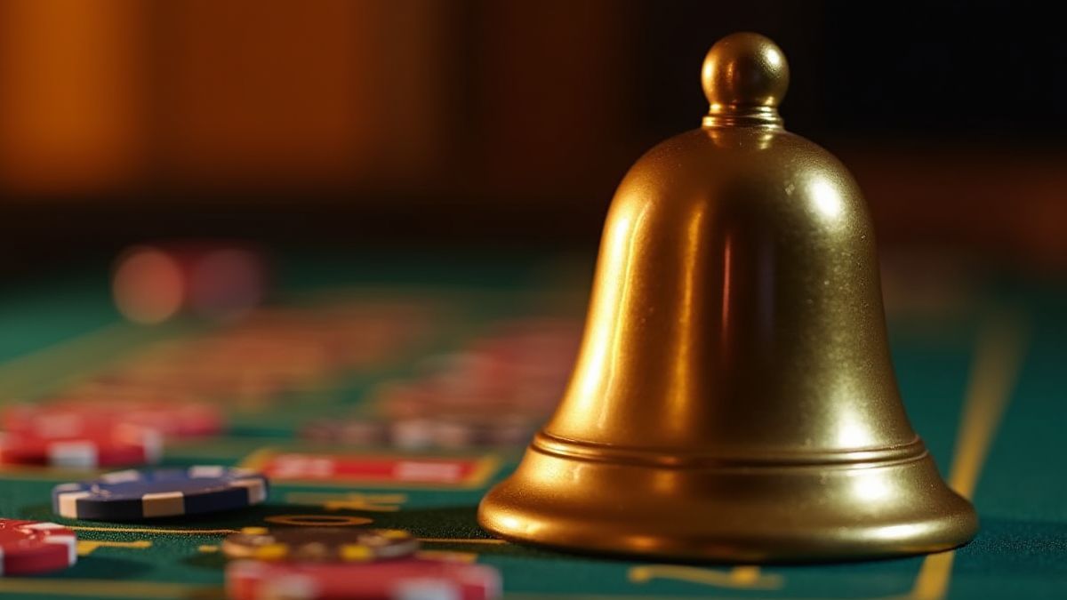 A shiny gold bell on a casino table with chips.