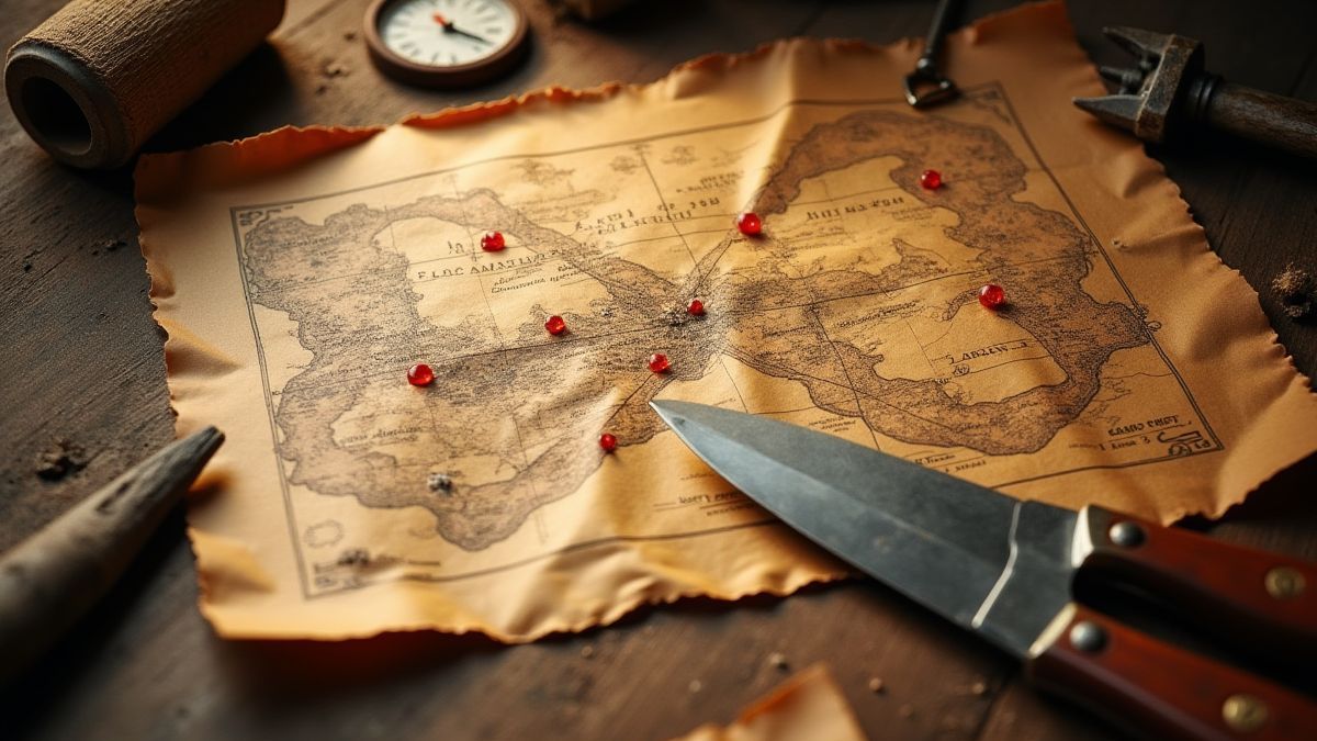 Schatzkarte mit markierten Stellen und Minenwerkzeugen daneben.