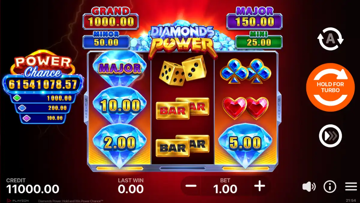 Ecrã do jogo base da slot Diamonds Power: Hold and Win Power Chance