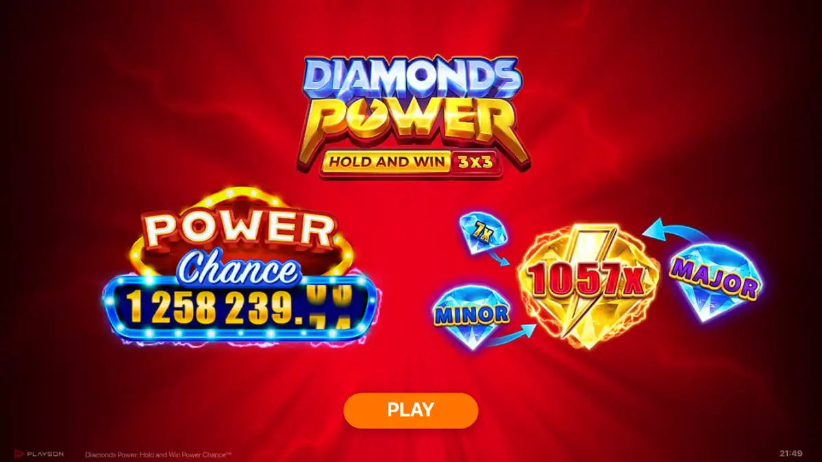 Ecrã de introdução de Diamonds Power: Hold and Win Power Chance com o jackpot Power Chance