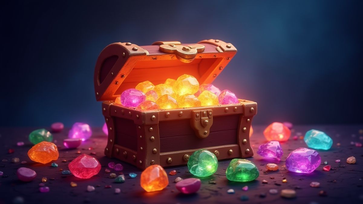 Un cofre del tesoro rodeado de gemas preciosas y brillantes.