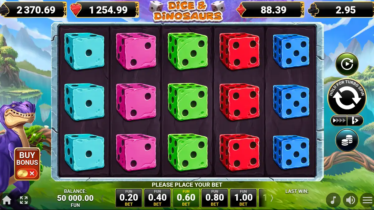 Dice & Dinosaurs Basisspiel auf einem 5x3-Raster mit den vier Jackpot-Cards-Anzeigen