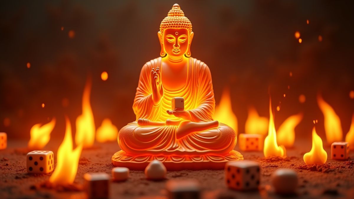 Estátua de Buda brilhante rodeada de chamas e dados