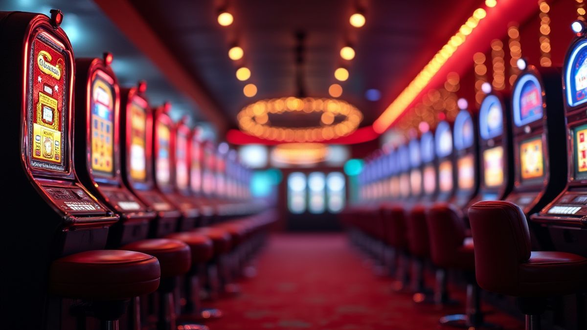 Un casino lujoso con luces brillantes y máquinas tragamonedas clásicas.