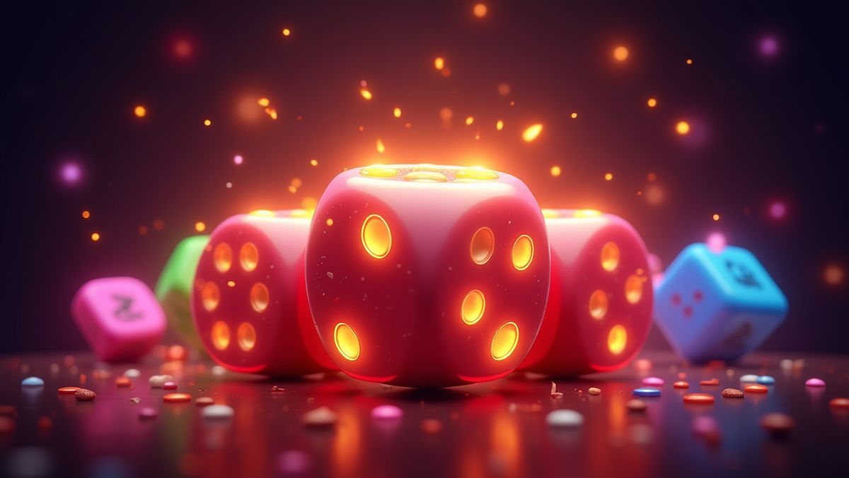 Dados brillantes que se expanden en un rodillo de tragamonedas con símbolos coloridos.