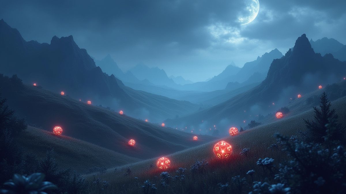 Eine magische Landschaft mit Hügeln und leuchtenden Würfeln, die verstreut sind.