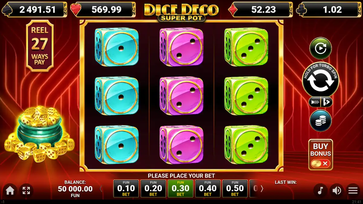 Écran du jeu de base de la machine à sous Dice Deco Super Pot