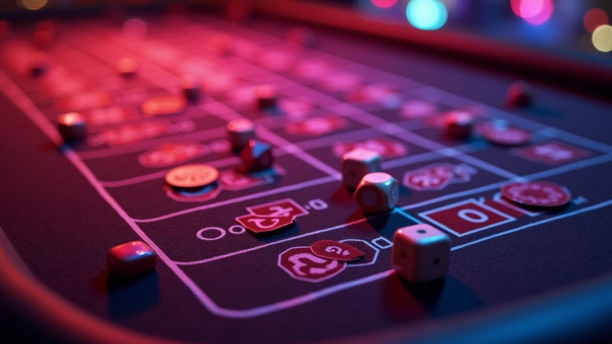 Neon-lit retro casino table with dice scattered alongside fruit symbols.
