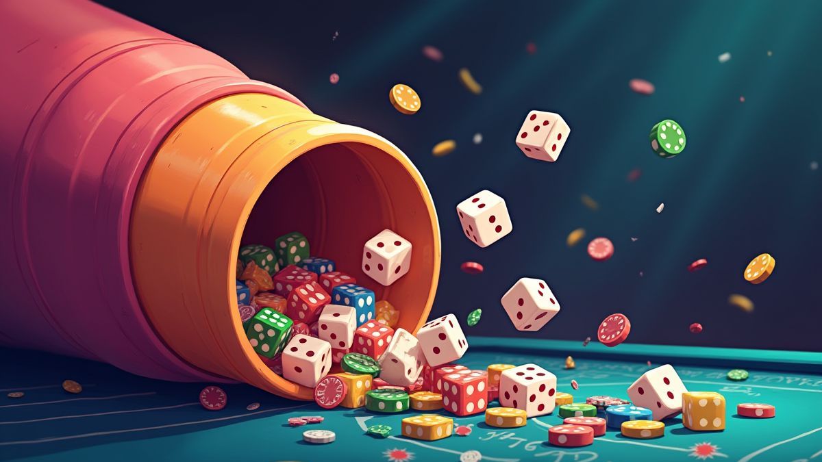 Dice rolling through a colorful tube onto a casino table.