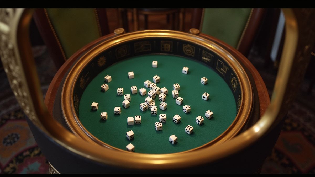 Dobbelstenen op een elegante tafel omringd door gouden kaders