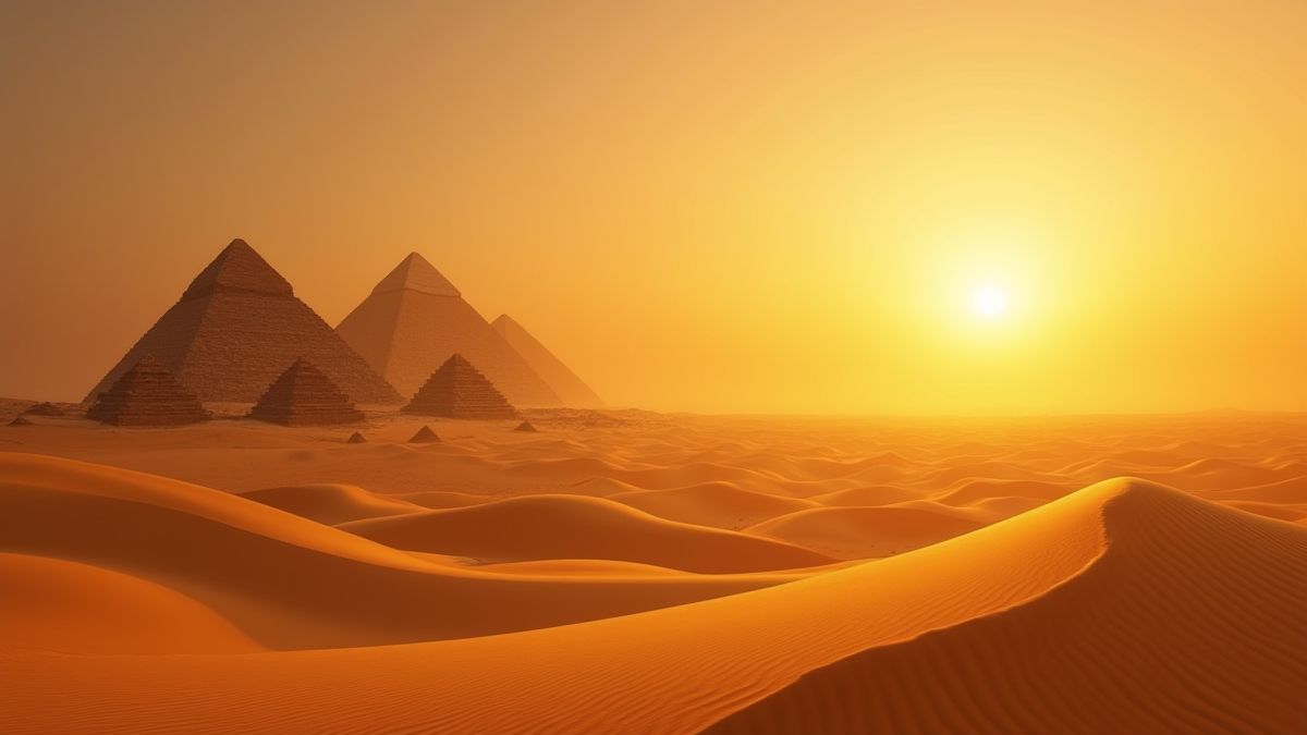 Dunas doradas con pirámides bajo el atardecer.